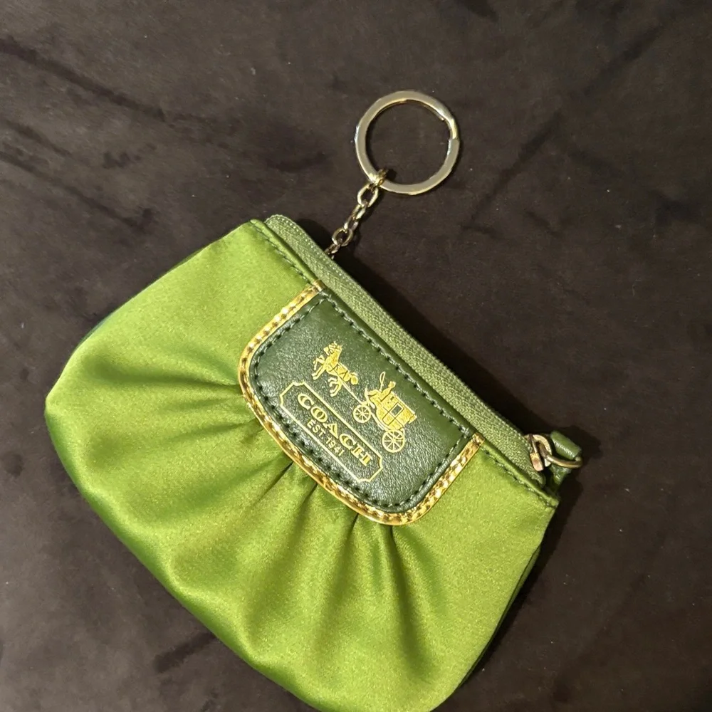 Coach Green Satin Coin Pouch with Gold Logo Plaque - Picture 3 of 5